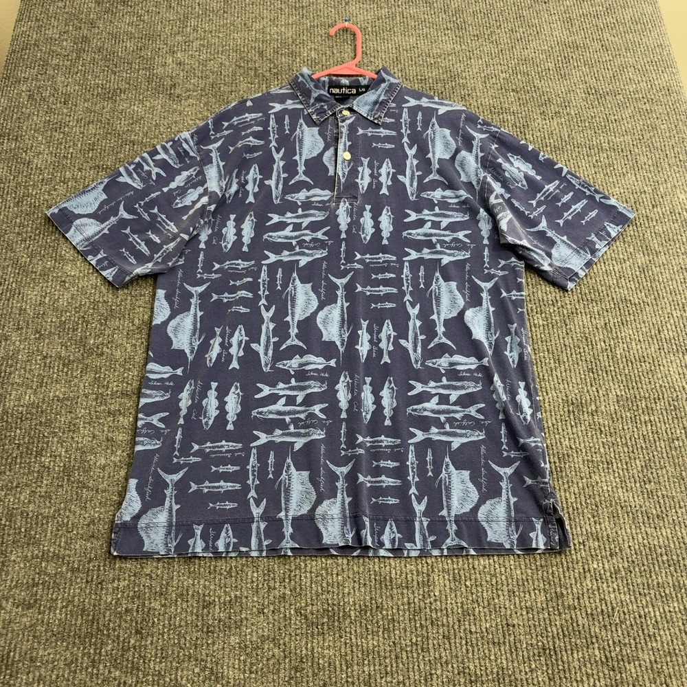 VTG Nautica Polo Shirt Men L Blue Cotton Fish All Over Print Short Sleeve Summer